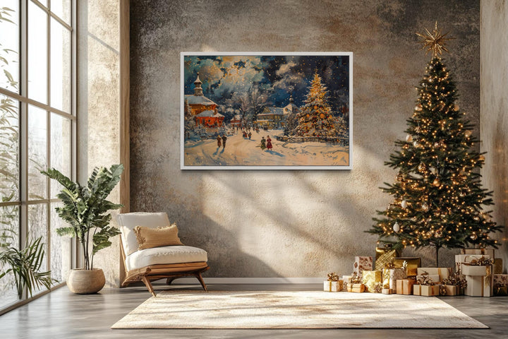 Festive Decorated Village With Christmas Tree Framed Canvas Wall Art in christmas room