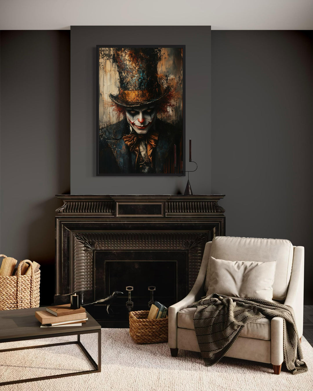 Gothic Clown Portrait Framed Canvas Wall Art above fireplace