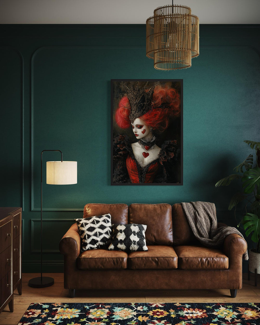 Gothic Queen of Hearts Framed Canvas Wall Art in living room