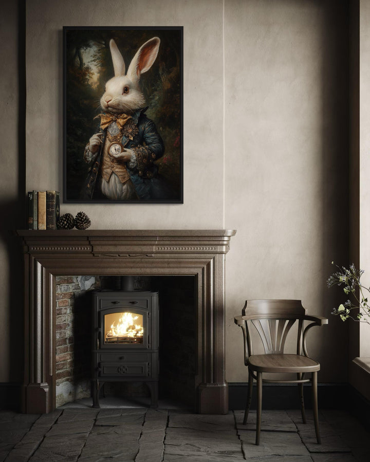 White Rabbit Victorian PortraitFramed Canvas Wall Art above fireplace