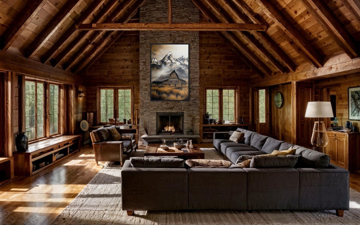 Moulton Barn In Grand Teton Framed Canvas Wall Art above fireplace