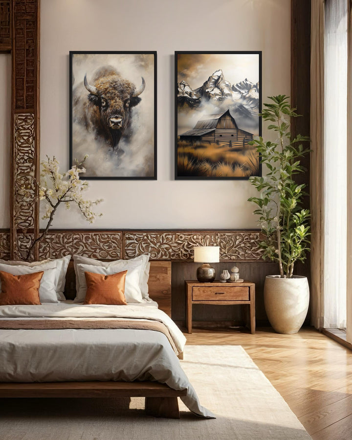 Set of 2 American Bison And Moulton Barn in Grand Teton Mountains Wall Art