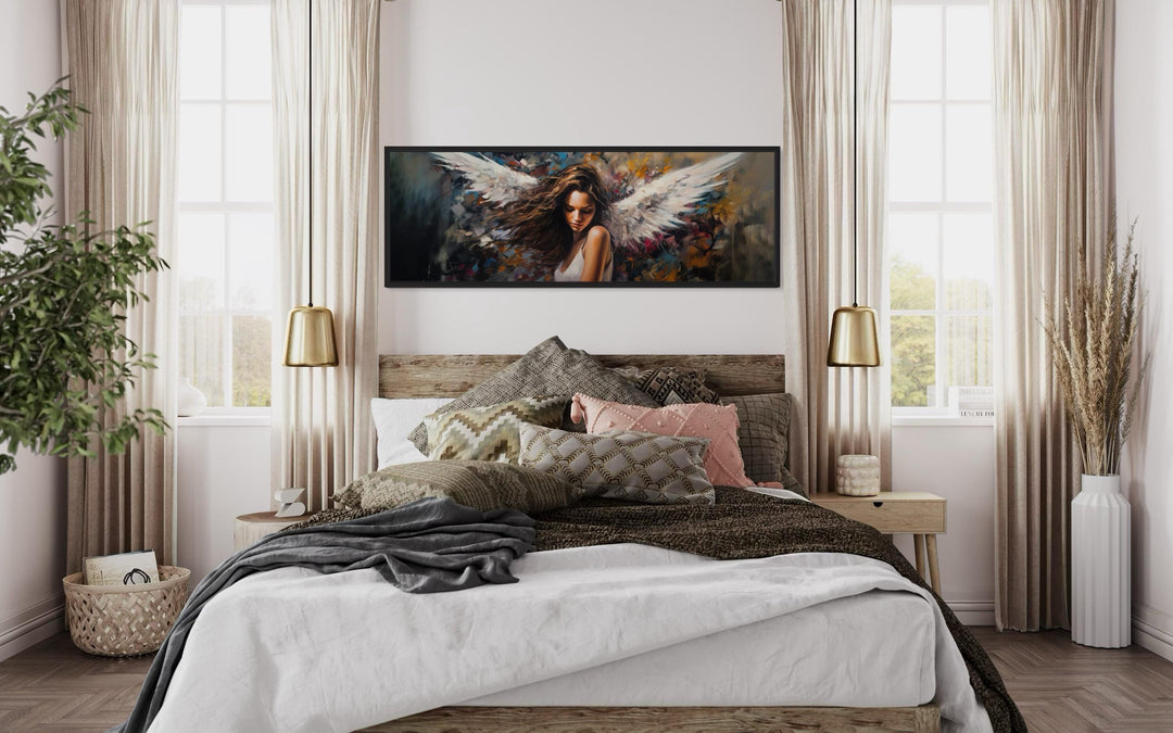 Angel Woman Long Horizontal Framed Canvas Wall Art above bed