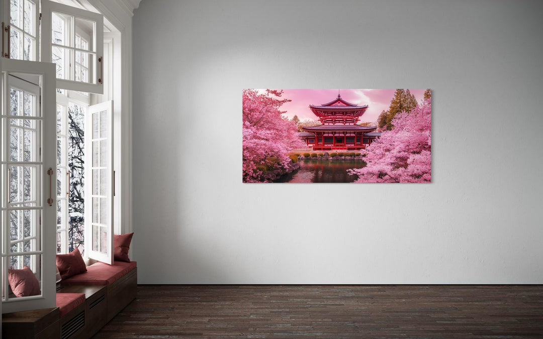 Japanese Pagoda And Pink Cherry Blossom Trees Framed Canvas Wall Art in living room