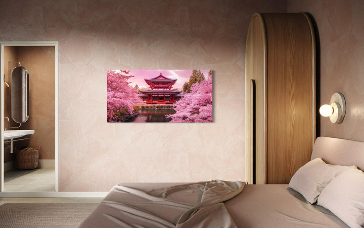 Japanese Pagoda And Pink Cherry Blossom Trees Framed Canvas Wall Art in bedroom