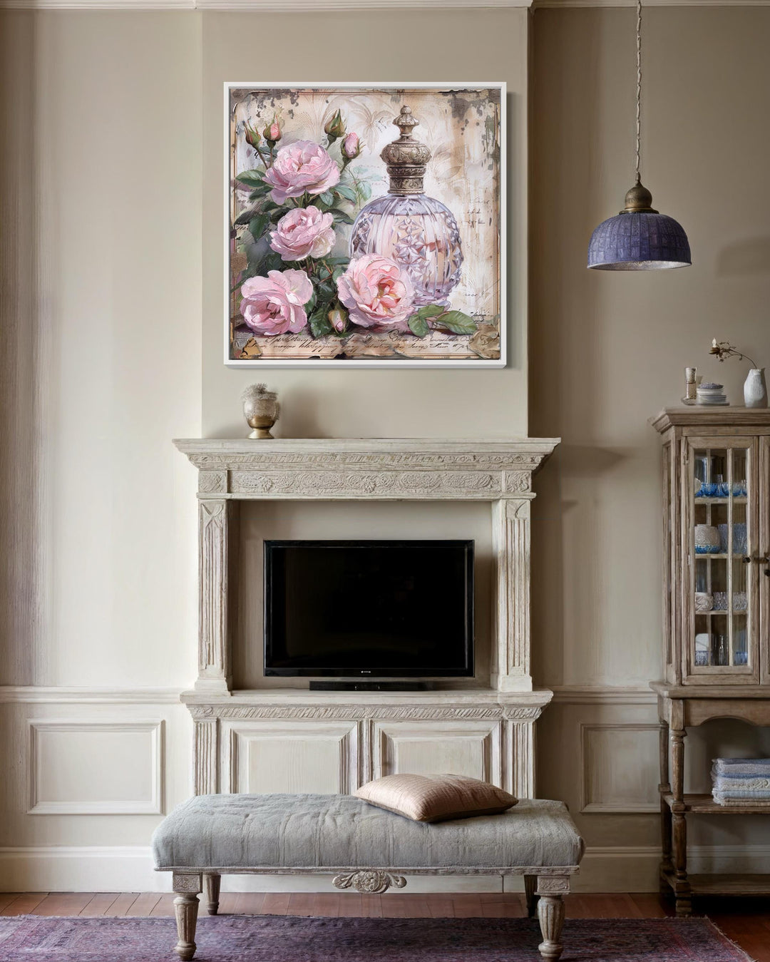 Shabby Chic Pink Perfume And Roses Framed Canvas Wall Art above fireplace