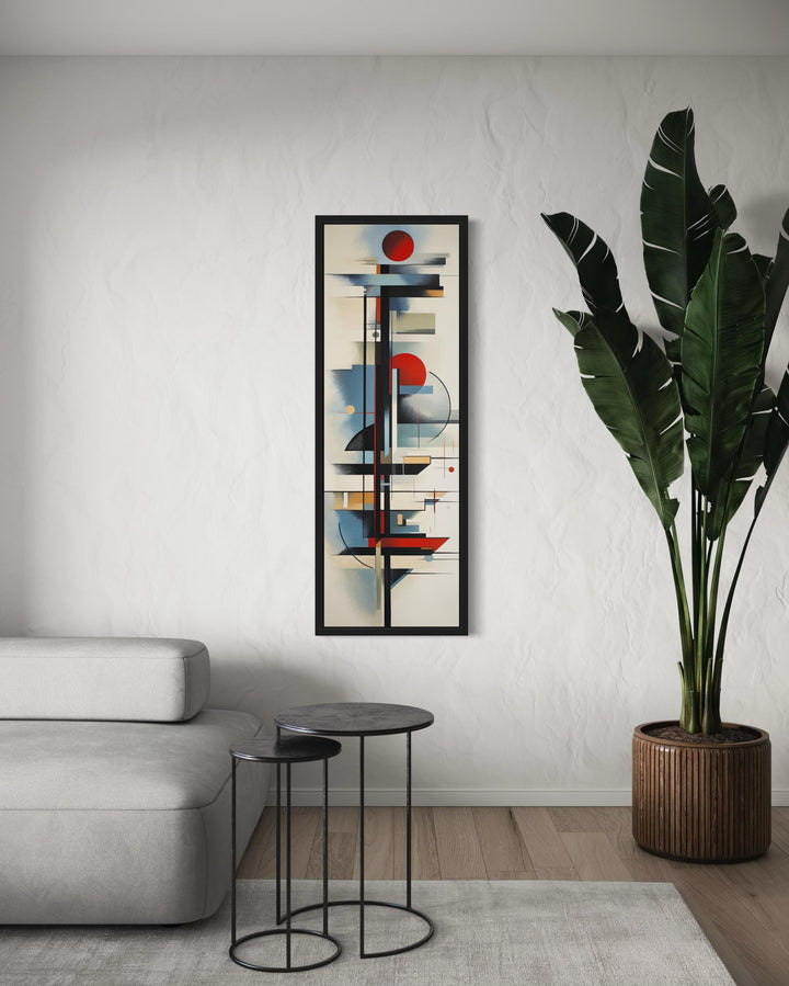 Tall Narrow Bauhaus Style Geometric Framed Canvas Wall Art in living room