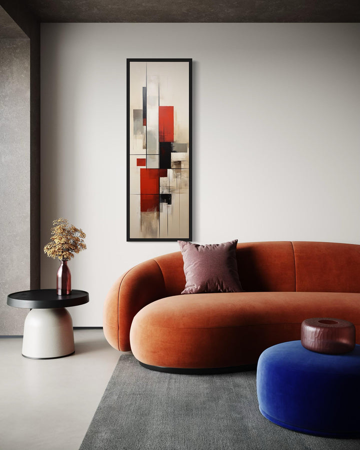 Vertical Narrow Mid Century Modern Stylish Framed Canvas Wall Art in living room