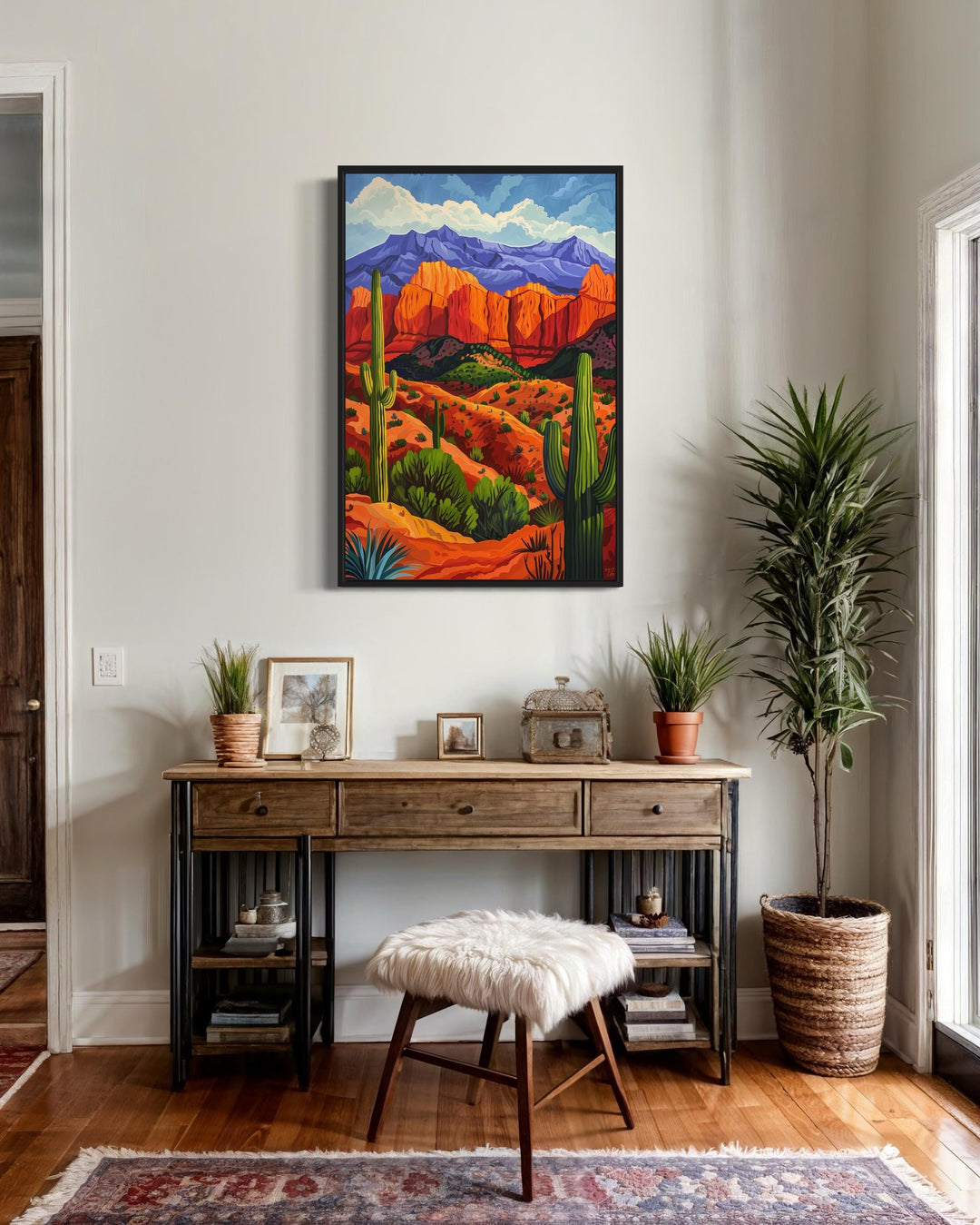 Colorful Desert And Saguaro Cactus Framed Canvas Wall Art above desk