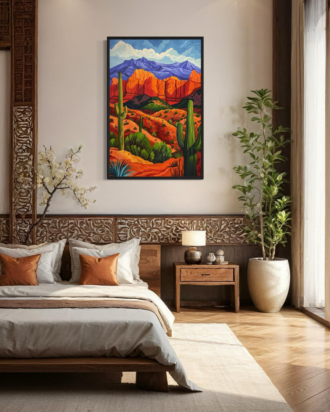 Colorful Desert And Saguaro Cactus Framed Canvas Wall Art