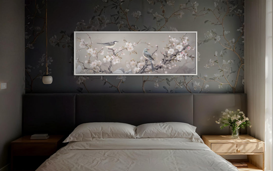 Birds on Blossoming Branch Horizontal Framed Canvas Wall Art