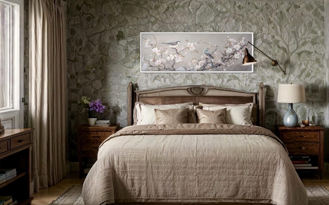 Birds on Blossoming Branch Horizontal Framed Canvas Wall Art in bedroom above bed