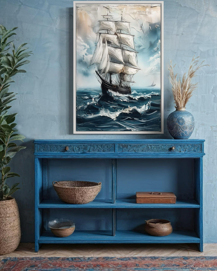 Sailing Ship In Blue Ocean Abstract Coastal Wall Art in beach house