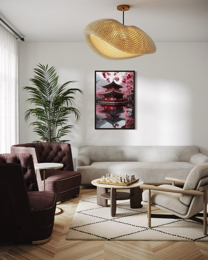 Japanese Pagoda And Sakura Garden Framed Canvas Wall Art in living room