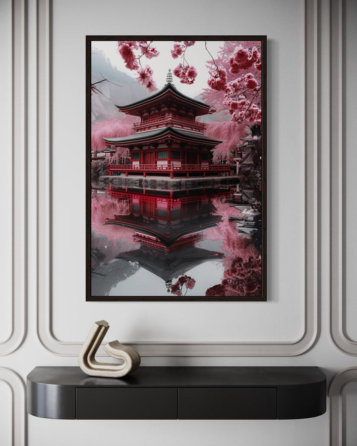 Japanese Pagoda And Sakura Garden Framed Canvas Wall Art close up