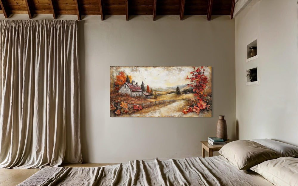 Autumn Farm Barn Rustic Canvas Wall Art in bedroom