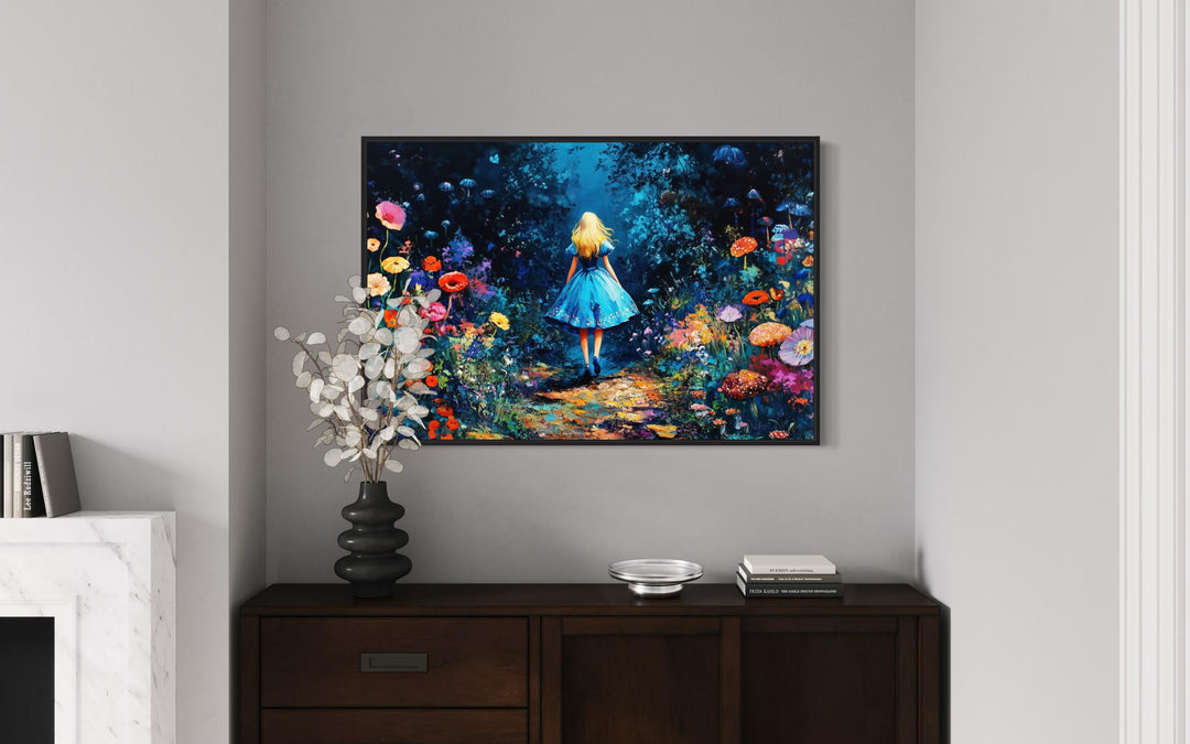 Alice In Wonderland In Magical Forest Framed Canvas Wall Art in cozy nook