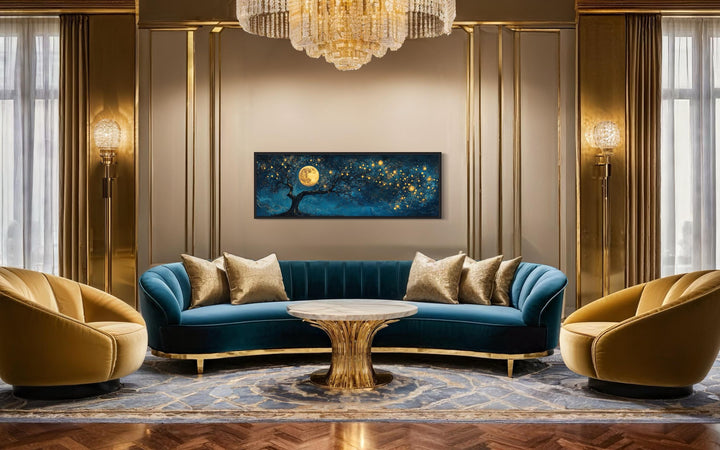 Tree And Moon Navy Blue and Gold Horizontal Above Bed Wall Art in living room