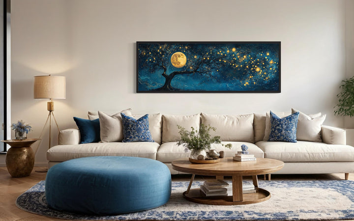 Tree And Moon Navy Blue and Gold Horizontal Above Bed Wall Art in living room