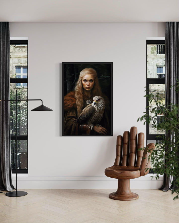 Freya Norse Goddess With Falcon Famed Canvas Wall Art in living room