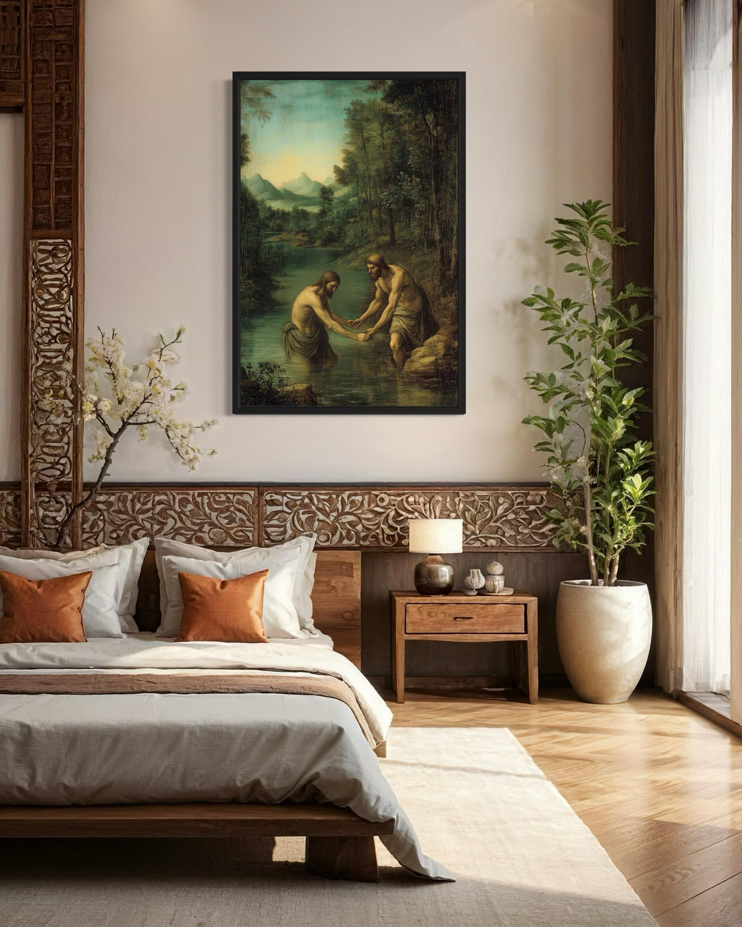 Baptism Of Christ BY John The Baptist Framed Canvas Wall Art in rustic room