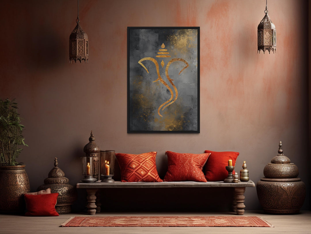 Grey Gold Minimalist Lord Ganesha Framed Canvas Wall Art in Indian Room