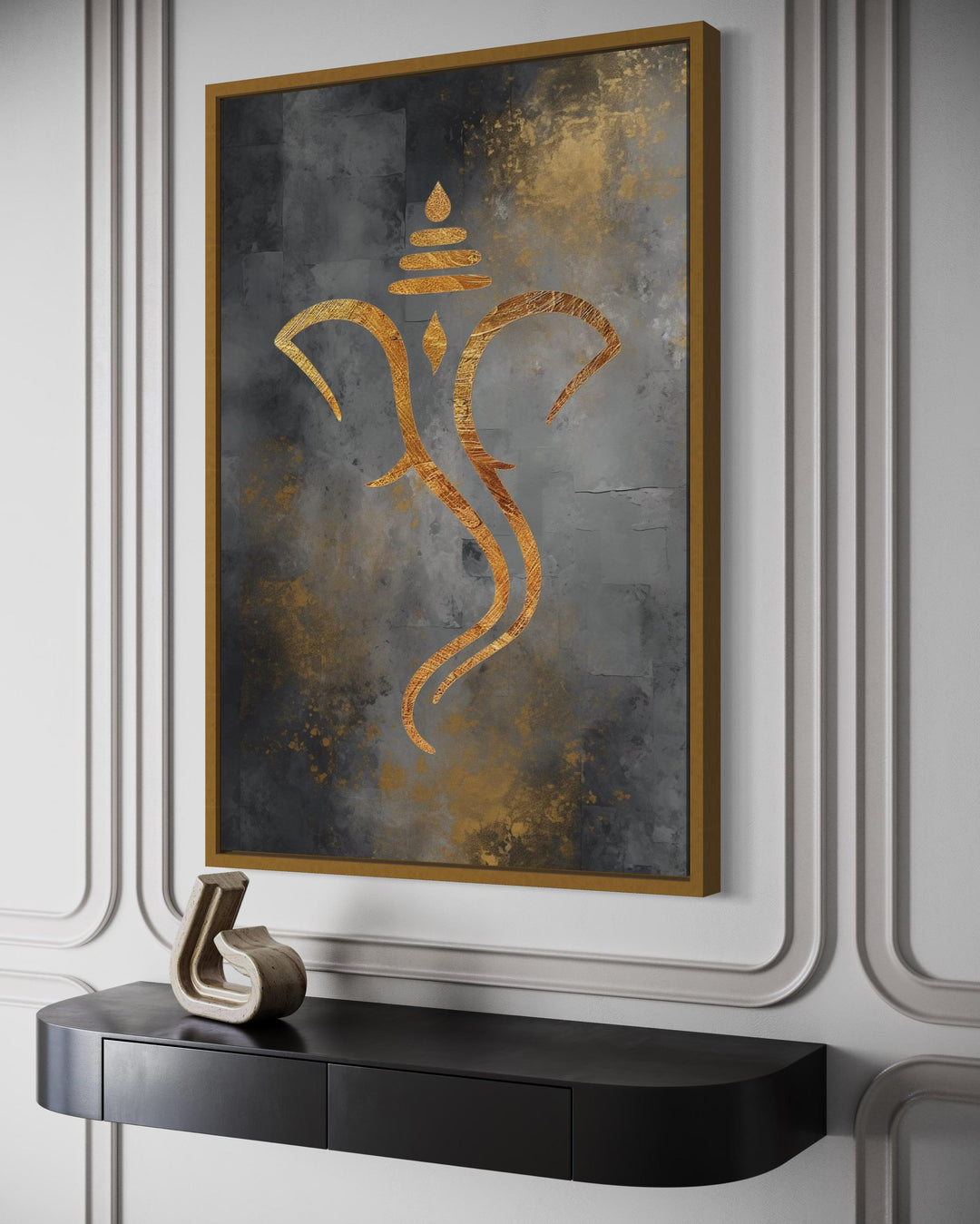 Grey Gold Minimalist Lord Ganesha Framed Canvas Wall Art side view