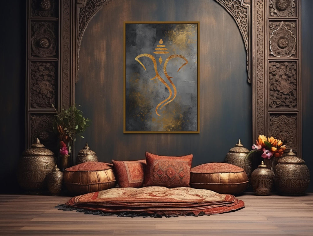 Grey Gold Minimalist Lord Ganesha Framed Canvas Wall Art in Indian Room