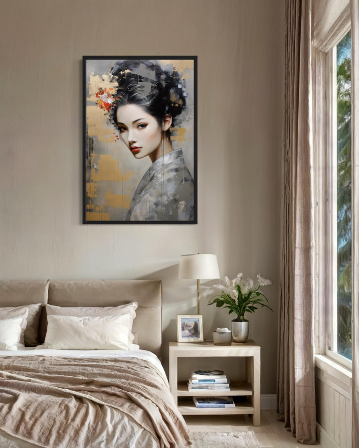 Geisha Abstract Portrait Framed Canvas Wall Art in bedroom