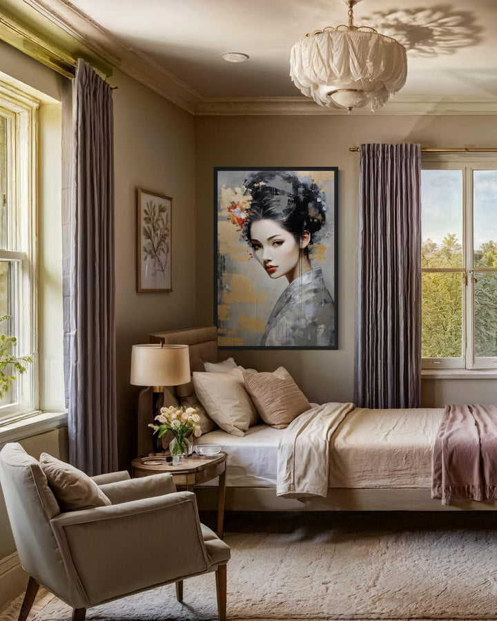 Geisha Abstract Portrait Framed Canvas Wall Art in bedroom