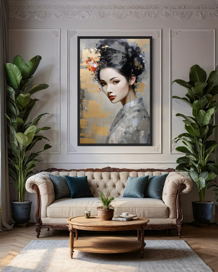 Geisha Abstract Portrait Framed Canvas Wall Art in living room