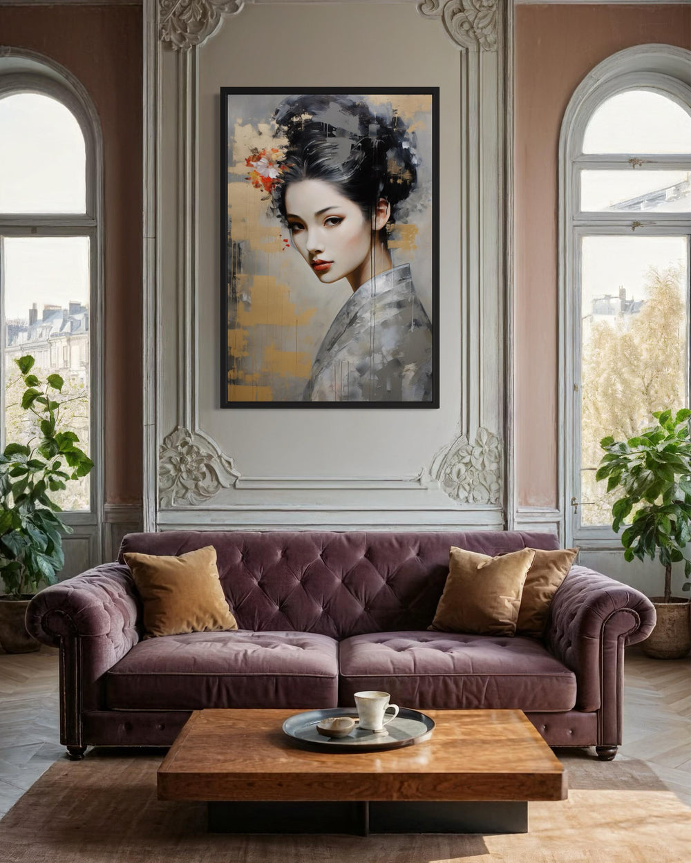 Geisha Abstract Portrait Framed Canvas Wall Art in living room