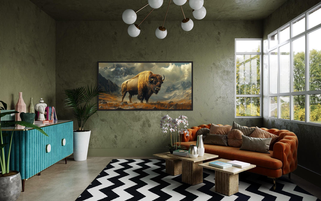 American Bison In Mountains Framed Canvas Wall Art in southwestern room