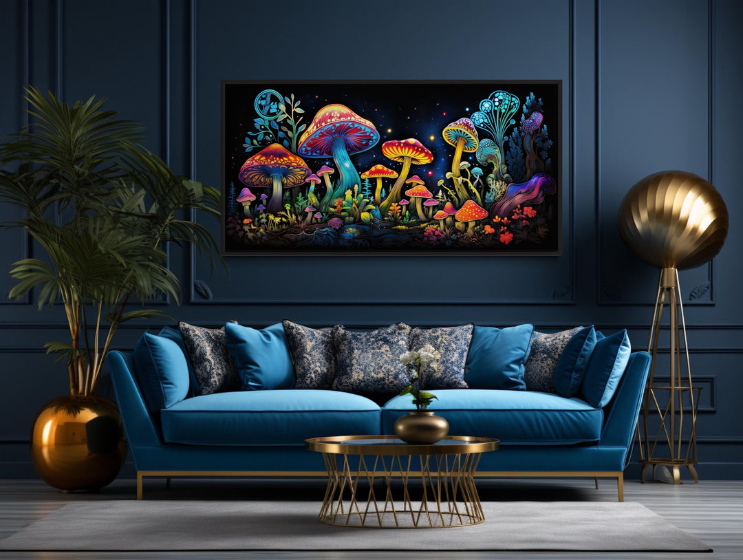 Trippy Psychedelic Mushrooms Framed Canvas Wall Art in dark room