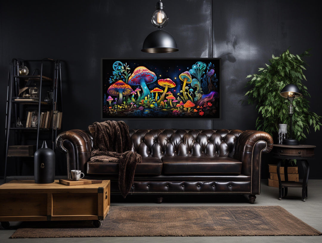 Trippy Psychedelic Mushrooms Framed Canvas Wall Art in man cave