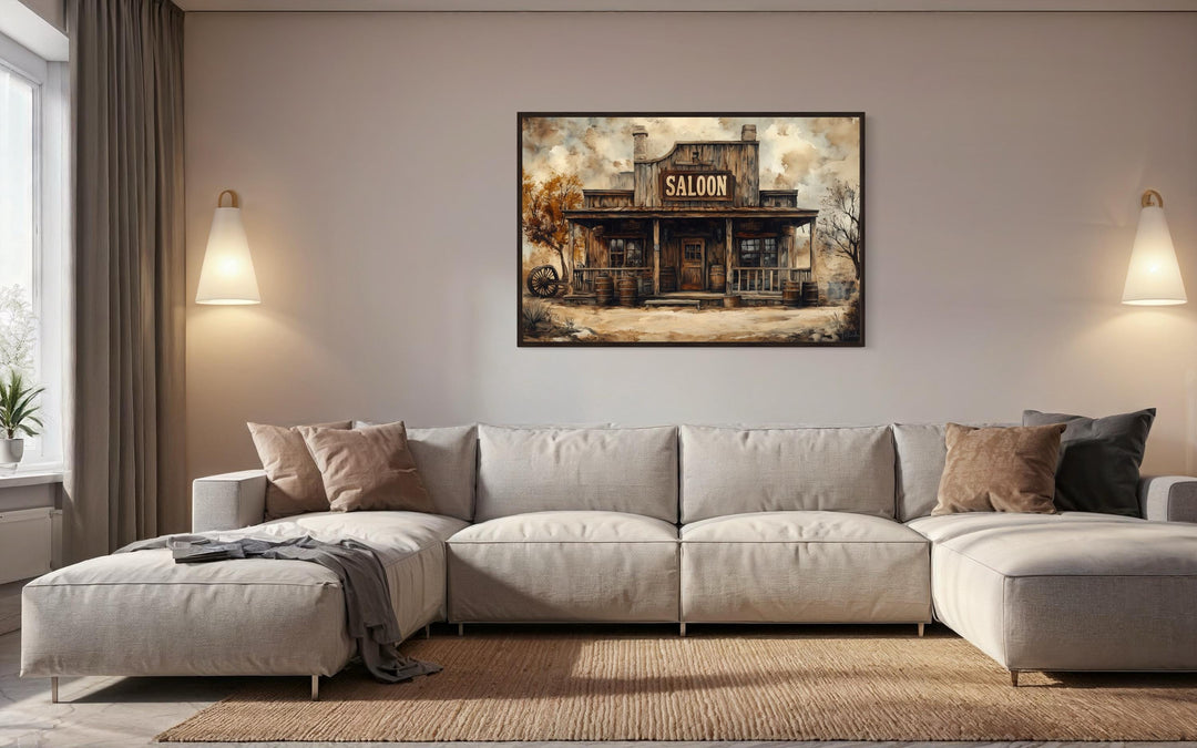 Vintage Western Saloon Framed Canvas Wall Art above beige couch