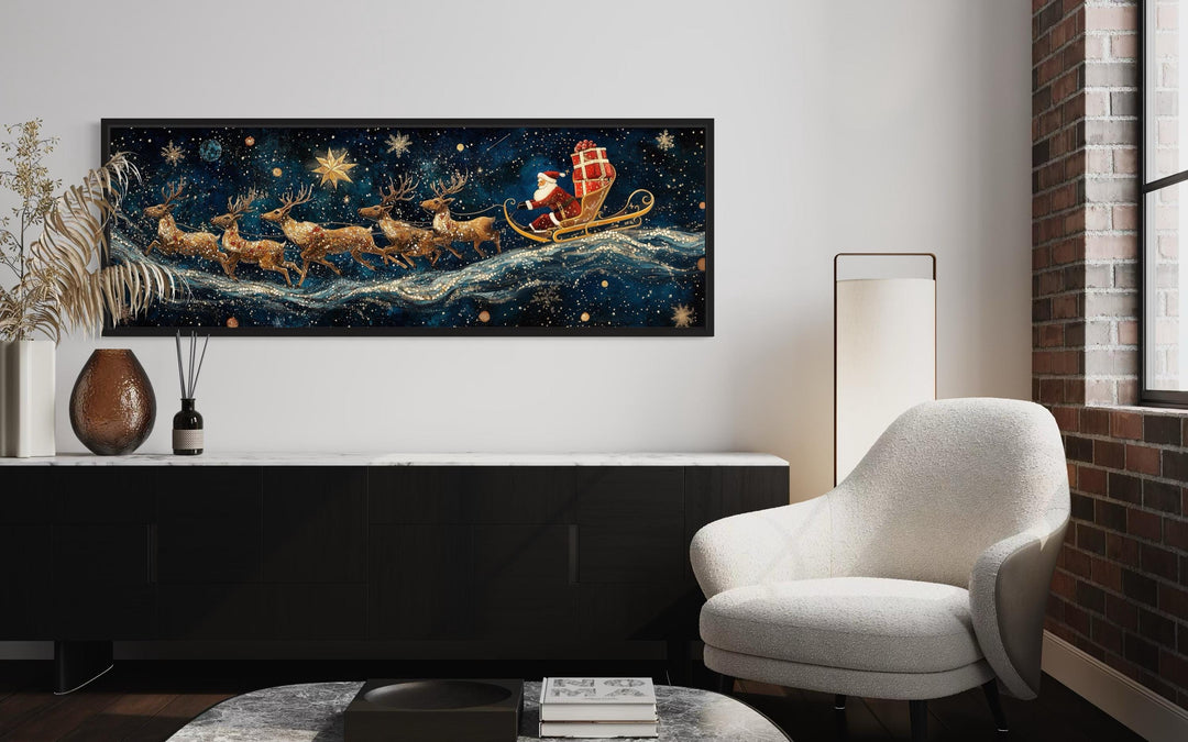 Santa's Sleigh And Reindeer Christmas Canvas Wall Art in living room