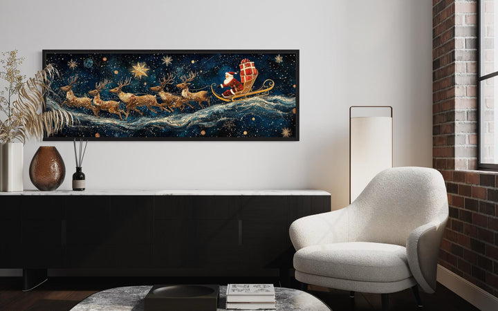 Santa's Sleigh And Reindeer Christmas Canvas Wall Art in living room