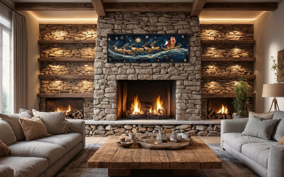 Santa's Sleigh And Reindeer Christmas Canvas Wall Art above fireplace