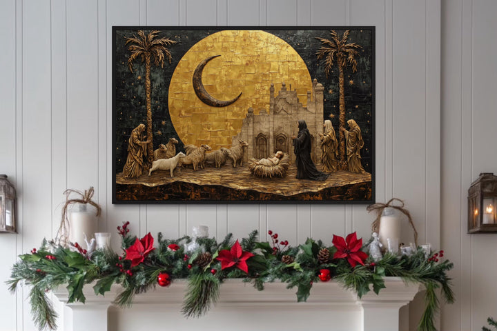 Holy Family And Shepherds Manger Scene Gold Nativity Christmas Wall Art above christmas fireplace mantel