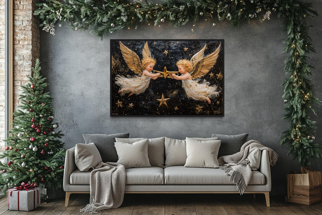 Angels Playing Trumpets Christmas Canvas Wall Art in christmas room