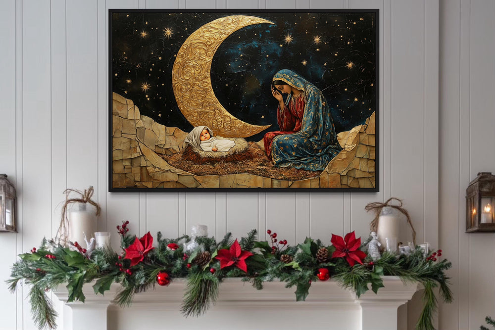 Mother Mary And Baby Jesus Nativity Wall Art above mantel