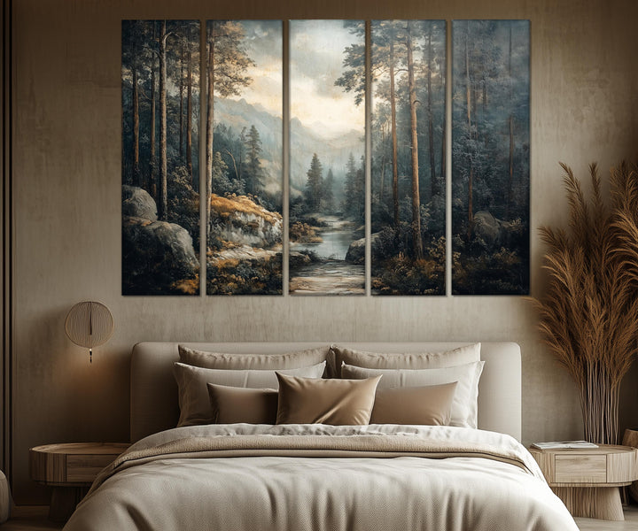 5 Piece Antique Forest River Landscape Multi-Panel Wall Art in bedroom