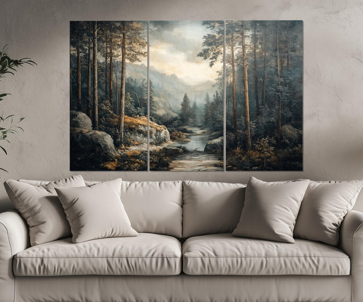 5 Piece Antique Forest River Landscape Multi-Panel Wall Art in living room