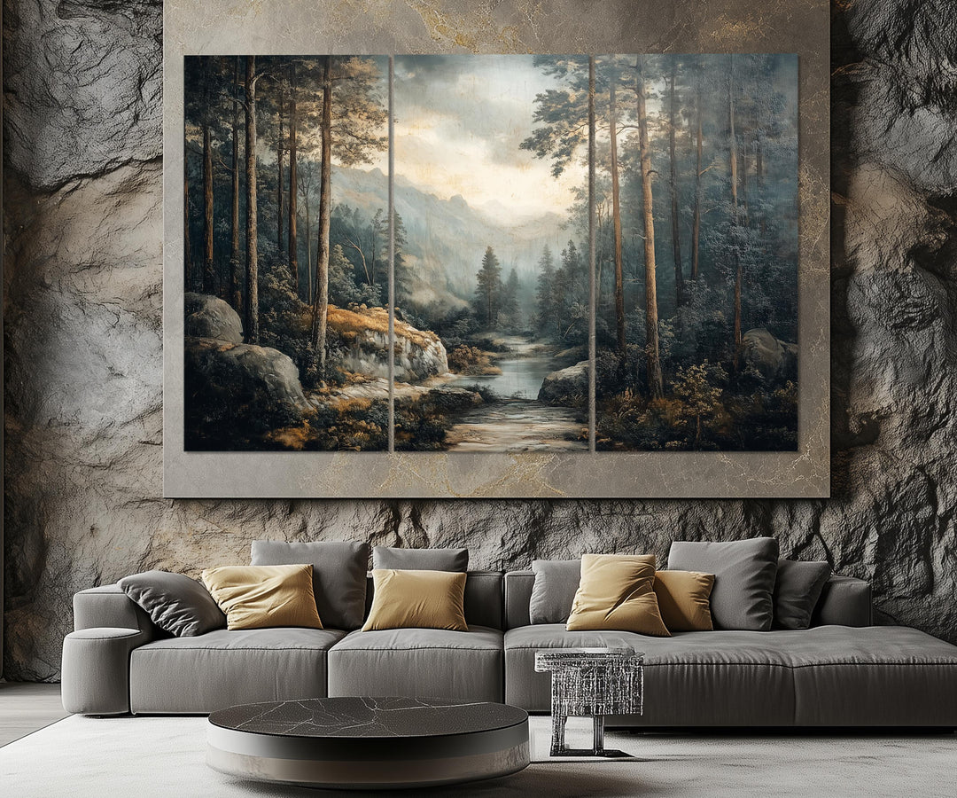 5 Piece Antique Forest River Landscape Multi-Panel Wall Art in living room