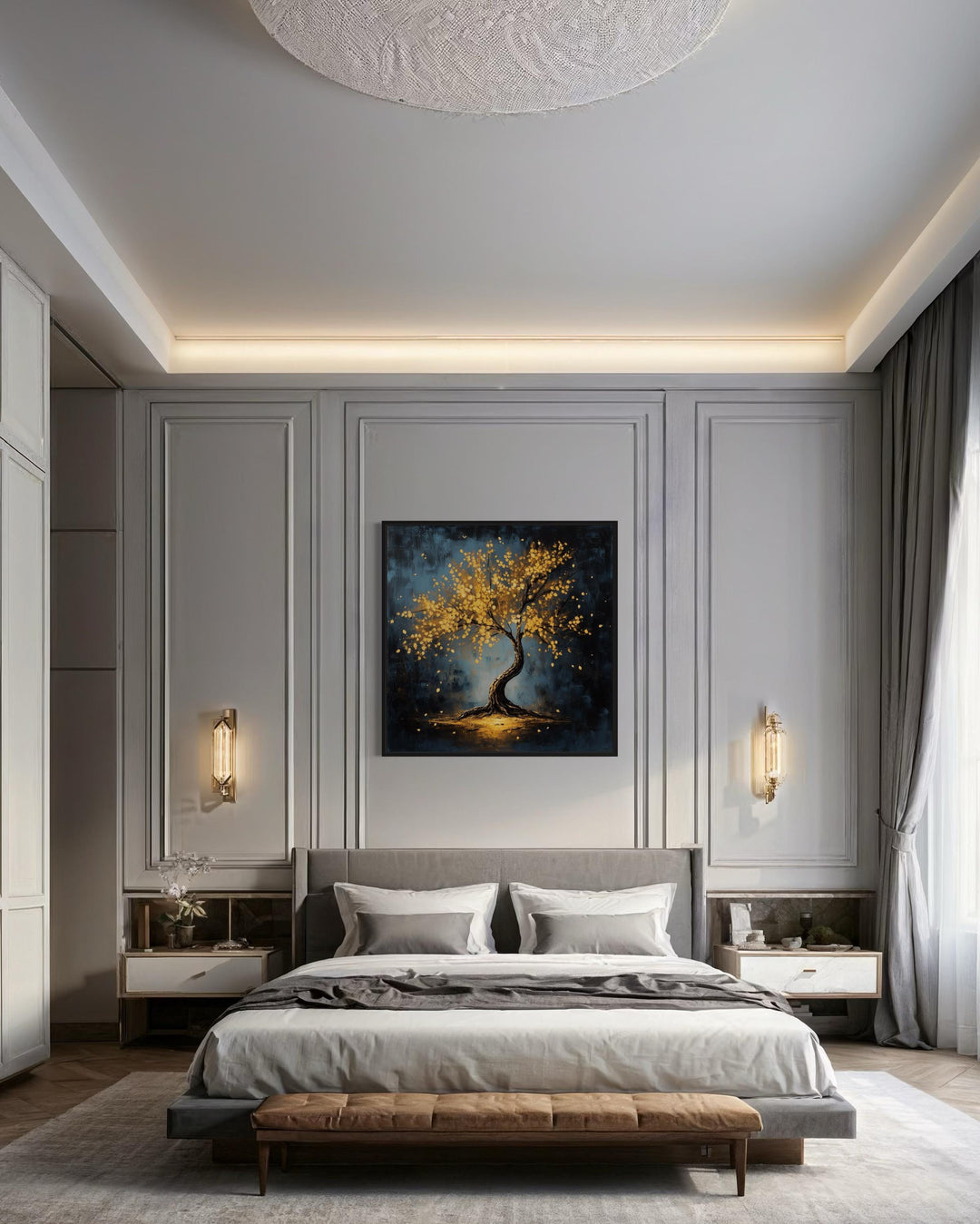 Lonely Magical Tree With Golden Leaves Framed Canvas Wall Art above bed