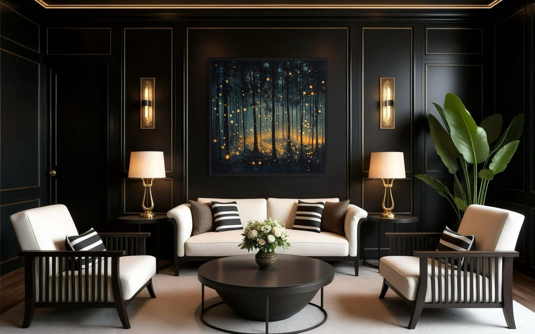 Mystical Forest With Fireflies And Golden Lights Framed Canvas Wall Art on dark wall in living room