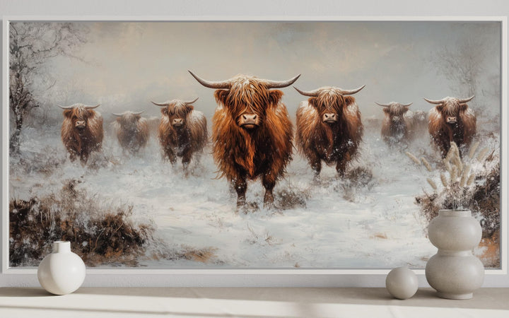 Herd Of Highland Cows In Snow Framed Canvas Wall Art close up