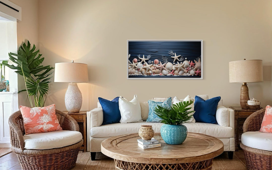 Pink Starfish And Seashells Painting On Navy Blue Wood Texture Wall Art above coastal couch