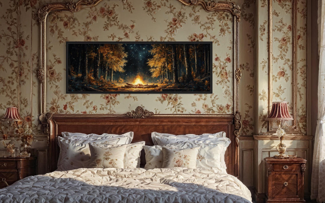 Forest Campfire Long Horizontal Wall Art above bed